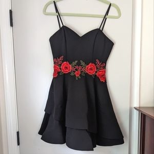 Macy's B Darlin Embroidered Floral Flouncy Tiered Black and Red Pink Mini Dress